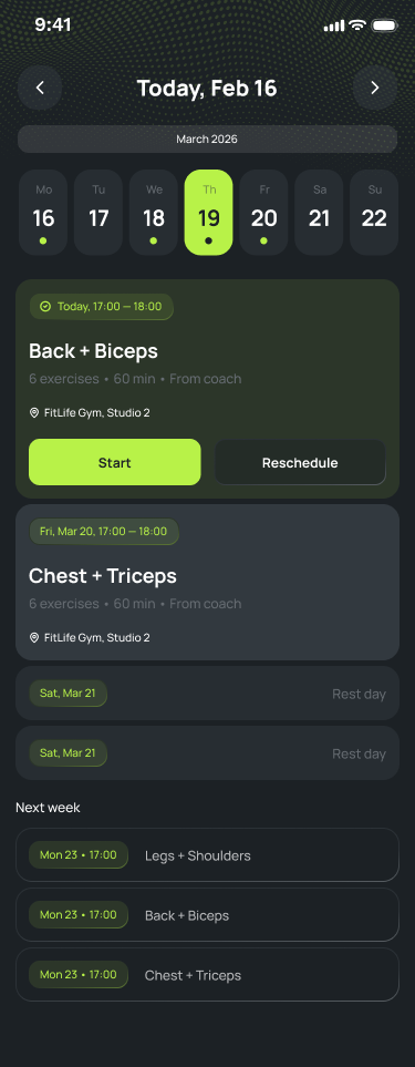 CoachPulse client schedule