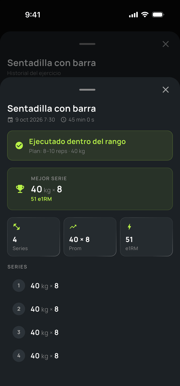 Historial del ejercicio en CoachPulse: mejor serie y 1RM estimado