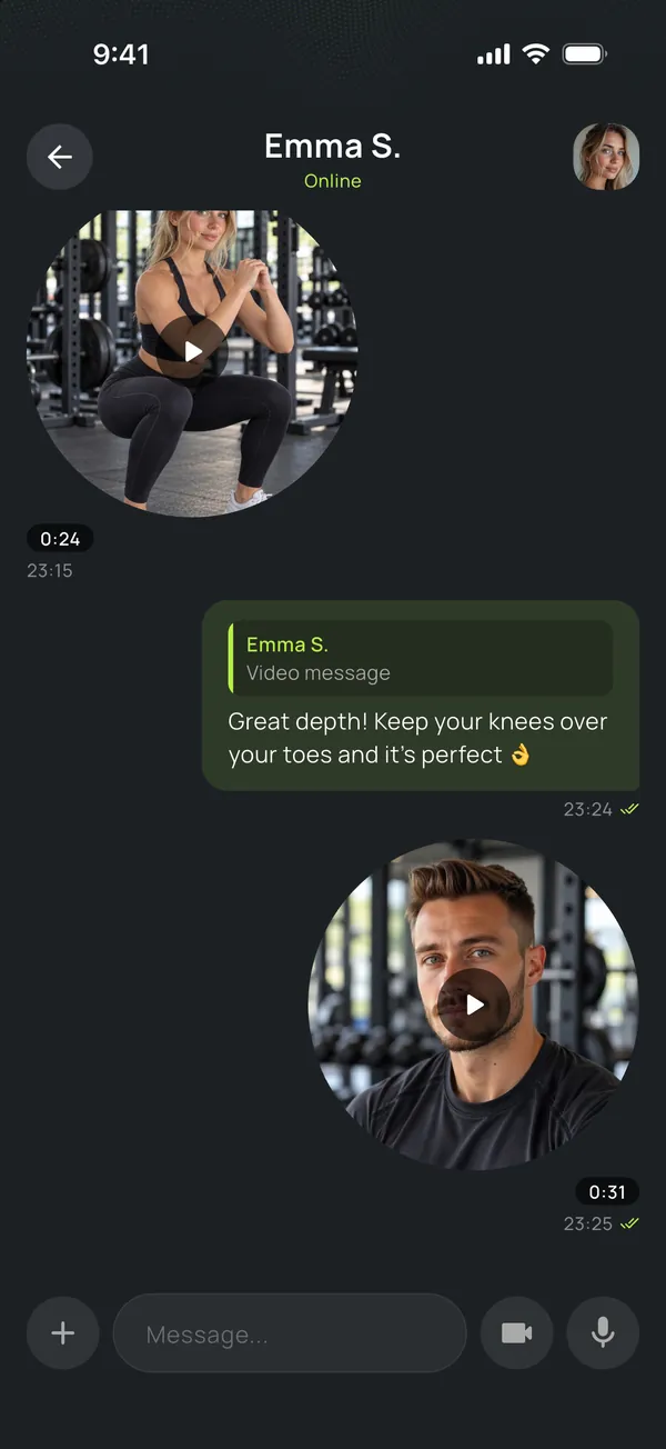 Chat with a client: form video and the trainer’s reply