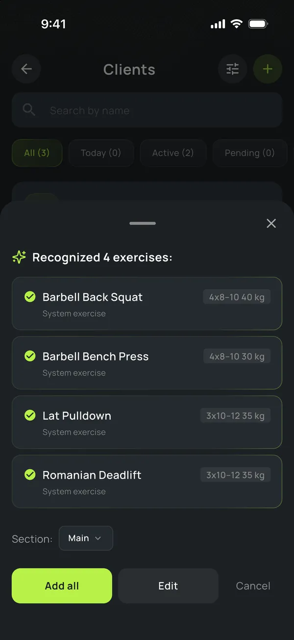 Recognized exercises with sets and weights