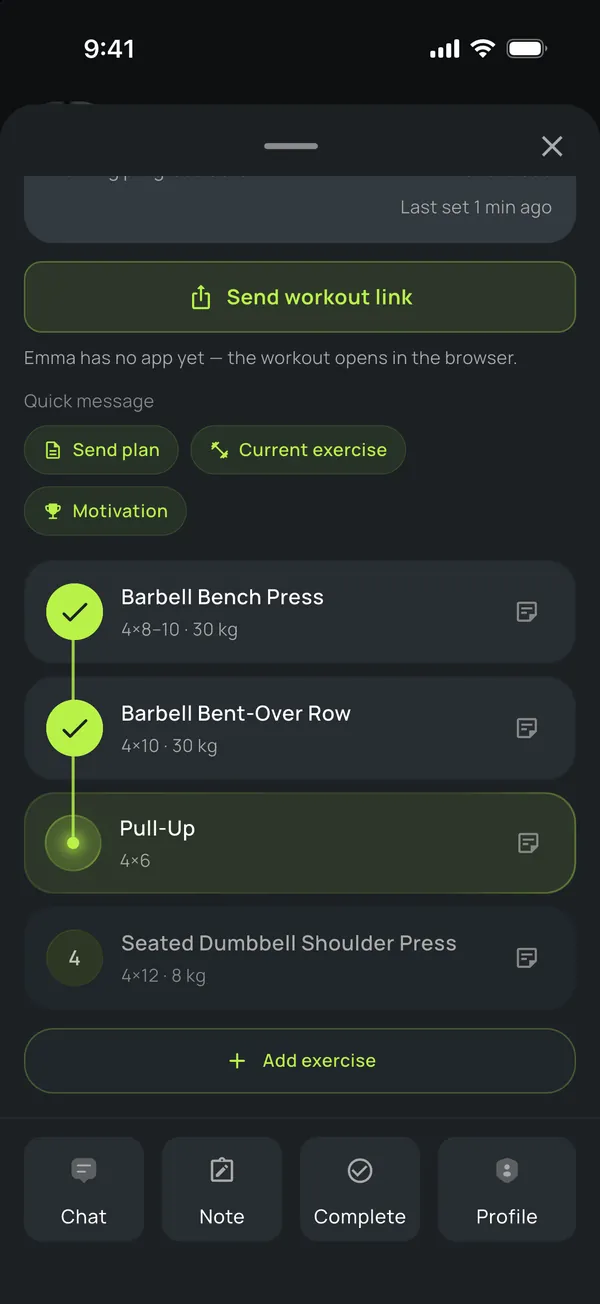 Client’s workout live: completed exercises
